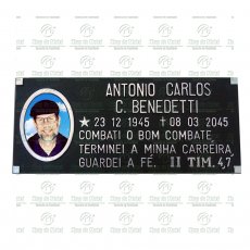 Placa para Túmulo em Alumínio com 1 Foto 8x10 Preto e Branco Texto Tam.15x34 cm